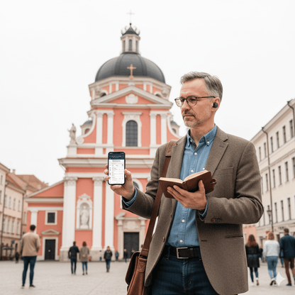 Vilnius Self-Guided Audio Tour by Uvamai Niche Tourism, featuring an image of the tour app interface on a smartphone screen.