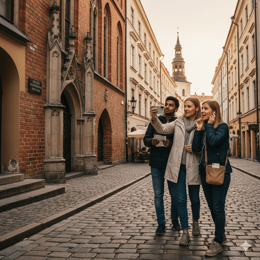 Vilnius Self-Guided Audio Tour by Uvamai Niche Tourism featuring a smartphone with audio guide app on a city street.