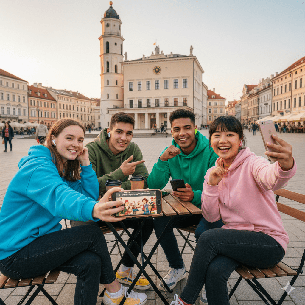 Vilnius Self-Guided Audio Tour by Uvamai Niche Tourism, featuring a smartphone with map and headphones for exploring the city.