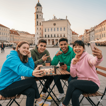 Vilnius Self-Guided Audio Tour by Uvamai Niche Tourism, featuring a smartphone with map and headphones for exploring the city.