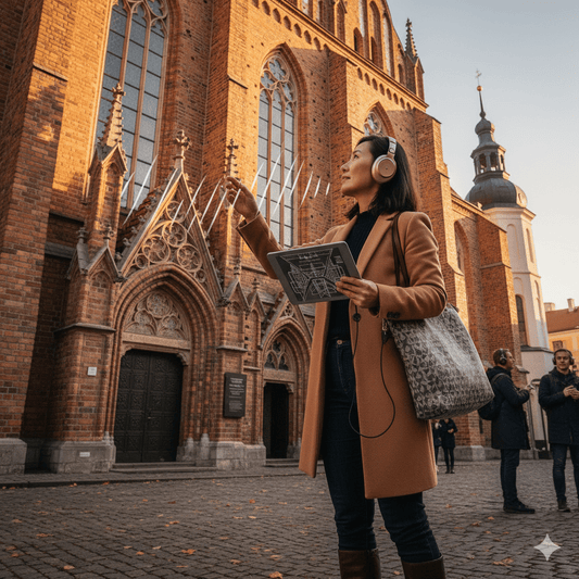 Vilnius Self-Guided Audio Tour by Uvamai Niche Tourism, featuring a smartphone with map and audio icons for exploring Vilnius independently.