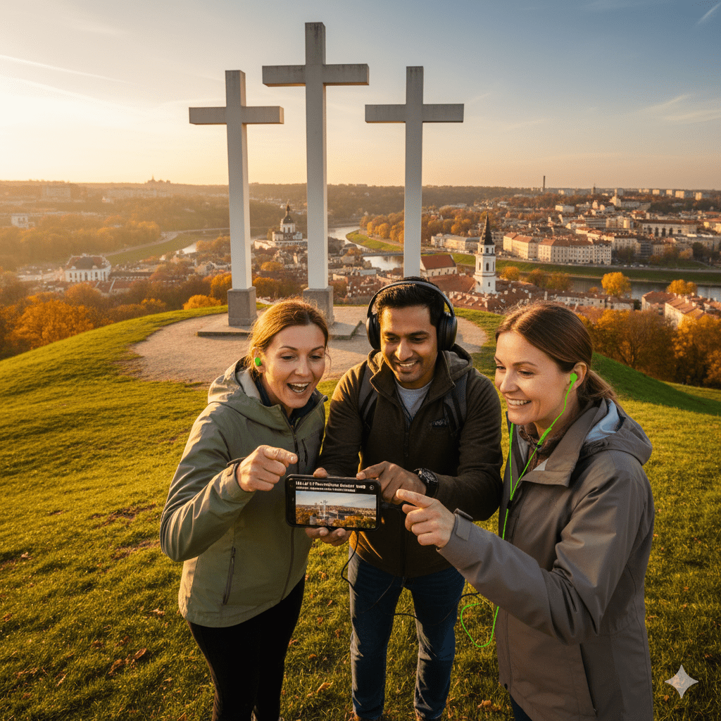Vilnius self-guided audio tour by Uvamai Niche Tourism, featuring a smartphone and headphones on a map background.