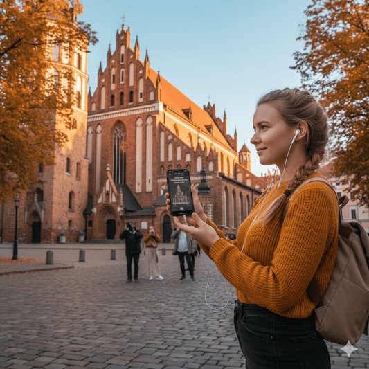 Audio tour device for Vilnius self-guided tour by Uvamai Niche Tourism, featuring headphones and control buttons.