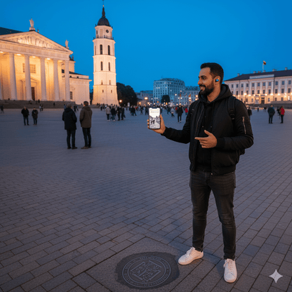 Vilnius Self-Guided Audio Tour by Uvamai Niche Tourism, featuring headphones and map for exploring Vilnius city independently.