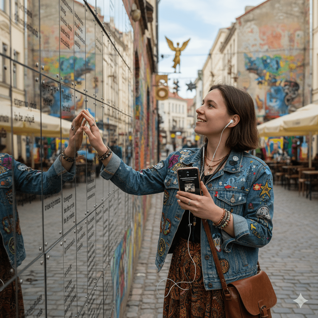 Vilnius Self-Guided Audio Tour by Uvamai Niche Tourism showing a map and audio device for exploring Vilnius city.