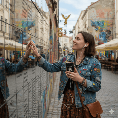 Vilnius Self-Guided Audio Tour by Uvamai Niche Tourism showing a map and audio device for exploring Vilnius city.