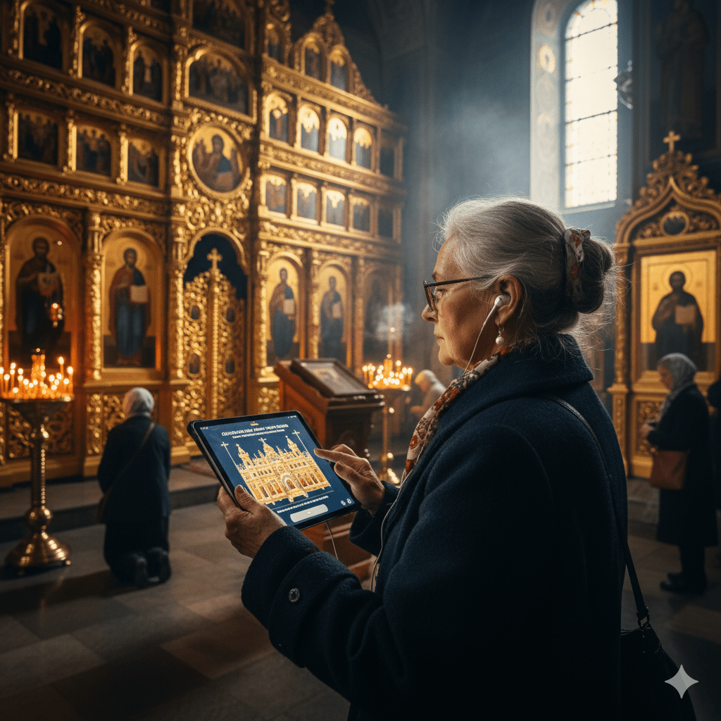 Vilnius Self-Guided Audio Tour by Uvamai Niche Tourism, featuring a smartphone with map and audio controls for exploring the city.