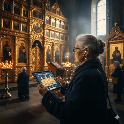 Vilnius Self-Guided Audio Tour by Uvamai Niche Tourism, featuring a smartphone with map and audio controls for exploring the city.