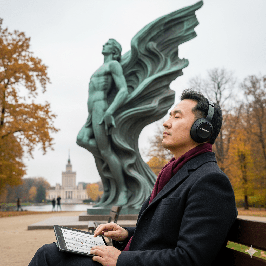 Audio tour guide device for Warsaw Self-Guided Audio Tour by Uvamai Niche Tourism, with headphones and map interface.