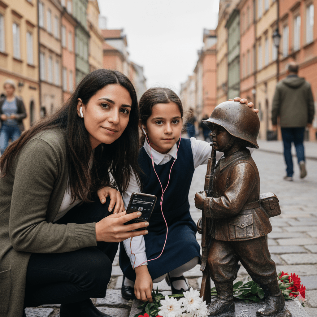 Audio guide for Warsaw self-guided tour by Uvamai Niche Tourism, showing a smartphone with tour app on a city street.