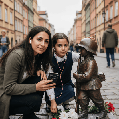 Audio guide for Warsaw self-guided tour by Uvamai Niche Tourism, showing a smartphone with tour app on a city street.