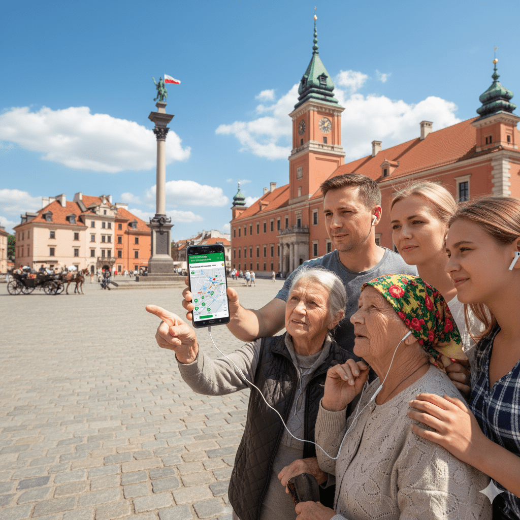 Audio tour player with headphones for the Warsaw Self-Guided Audio Tour by Uvamai Niche Tourism, showcasing travel experience setup.