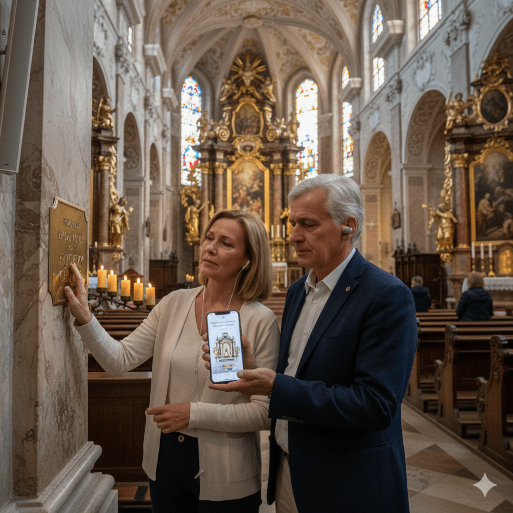 Audio tour device for Warsaw Self-Guided Audio Tour by Uvamai Niche Tourism showing headphones and tour interface.