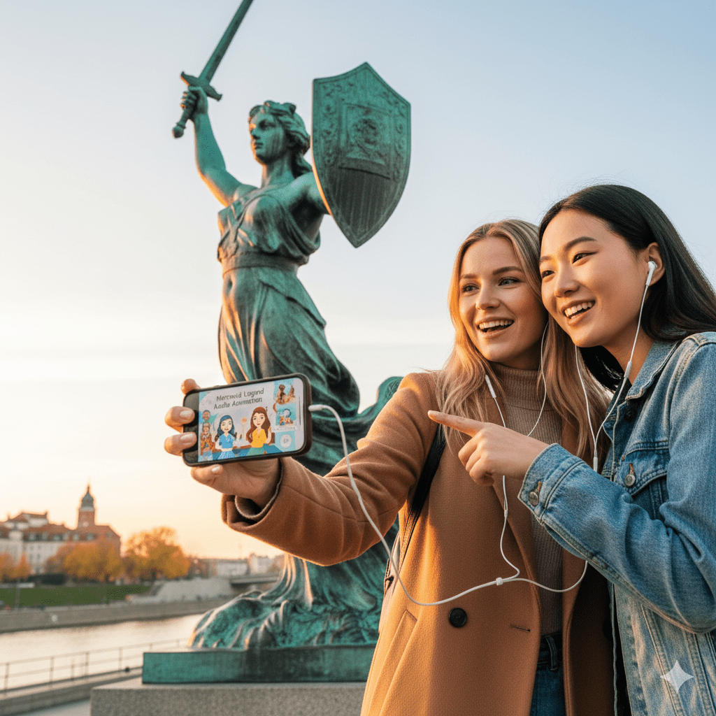 Audio tour device for Warsaw self-guided tour by Uvamai Niche Tourism, showing headphones and tour guide interface.