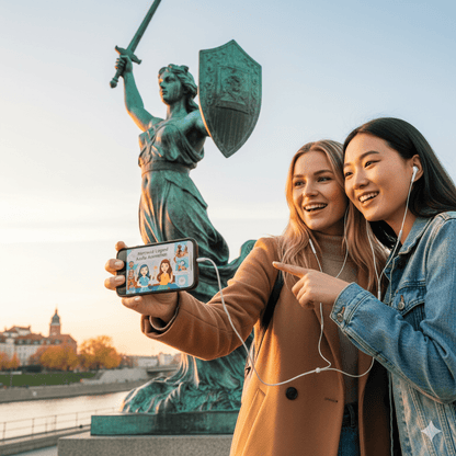 Audio tour device for Warsaw self-guided tour by Uvamai Niche Tourism, showing headphones and tour guide interface.