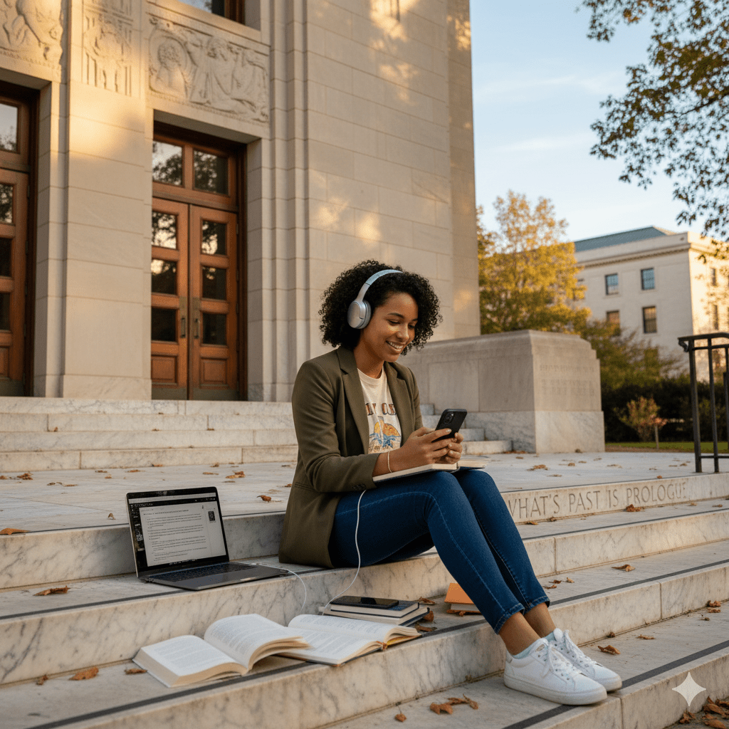 Audio tour device for Washington DC self-guided tour by Uvamai Niche Tourism, showing earphones and map on a tablet screen.