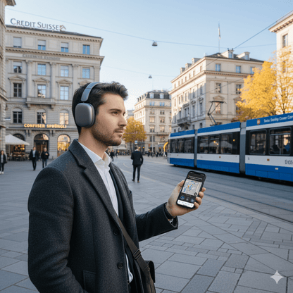 Zurich self-guided audio tour by Uvamai Niche Tourism, showing a smartphone with the tour app open and scenic Zurich background.