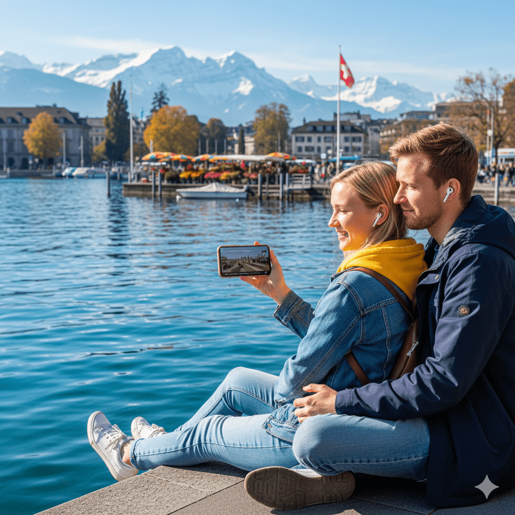 Zurich Self-Guided Audio Tour by Uvamai Niche Tourism, featuring a smartphone displaying the tour app with Zurich landmarks.