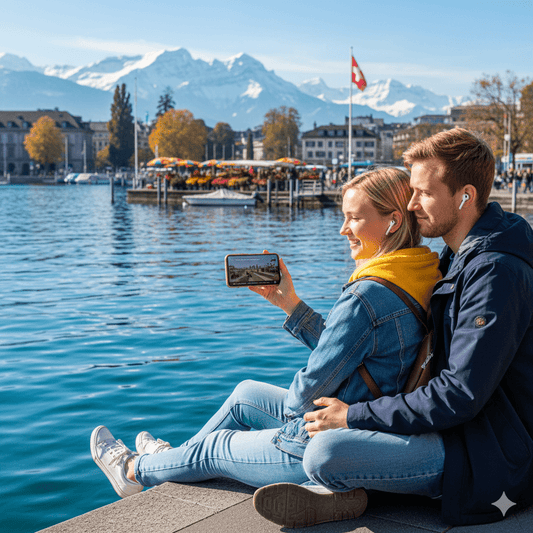 Zurich Self-Guided Audio Tour by Uvamai Niche Tourism, featuring a smartphone displaying the tour app with Zurich landmarks.