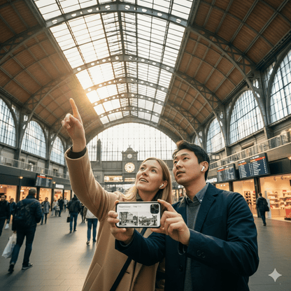 Zurich Self-Guided Audio Tour by Uvamai Niche Tourism, featuring headphones and mobile device displaying tour interface.
