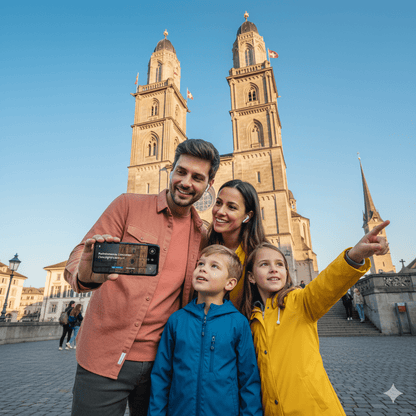 Zurich self-guided audio tour by Uvamai Niche Tourism, showing headphones and a mobile device displaying tour options.