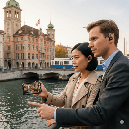 Audio tour device for Zurich self-guided tour by Uvamai Niche Tourism, showing headphones and tour controls.