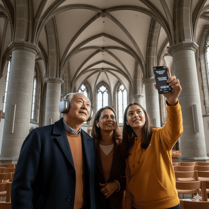 Zurich Self-Guided Audio Tour by Uvamai Niche Tourism, featuring a smartphone and headphones ready for exploring Zurich.