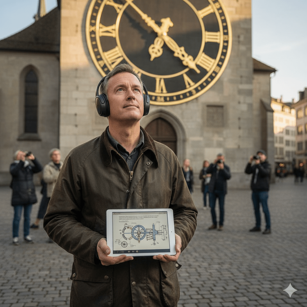 Audio tour device and headphones for the Zurich Self-Guided Audio Tour by Uvamai Niche Tourism, showcasing a portable listening setup.