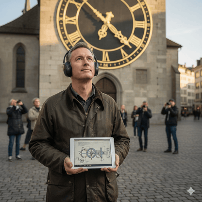 Audio tour device and headphones for the Zurich Self-Guided Audio Tour by Uvamai Niche Tourism, showcasing a portable listening setup.
