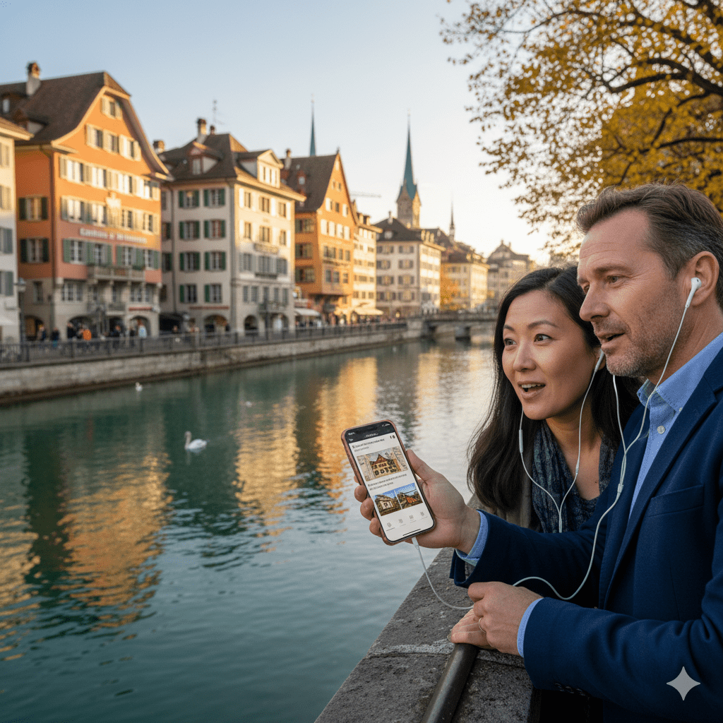 Zurich Self-Guided Audio Tour by Uvamai Niche Tourism, showing a smartphone with a map and audio guide app for sightseeing.